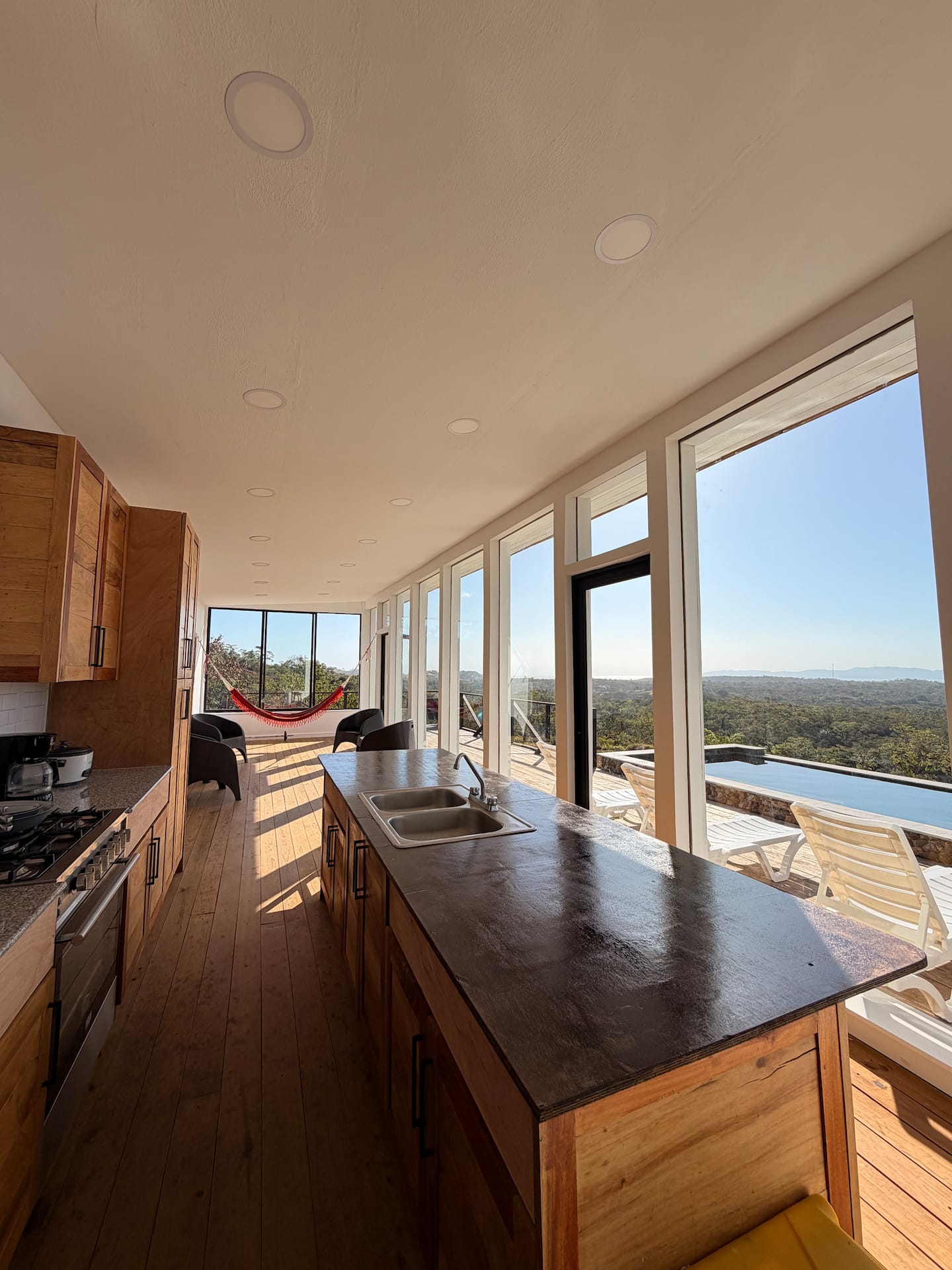 Kitchen with large windows